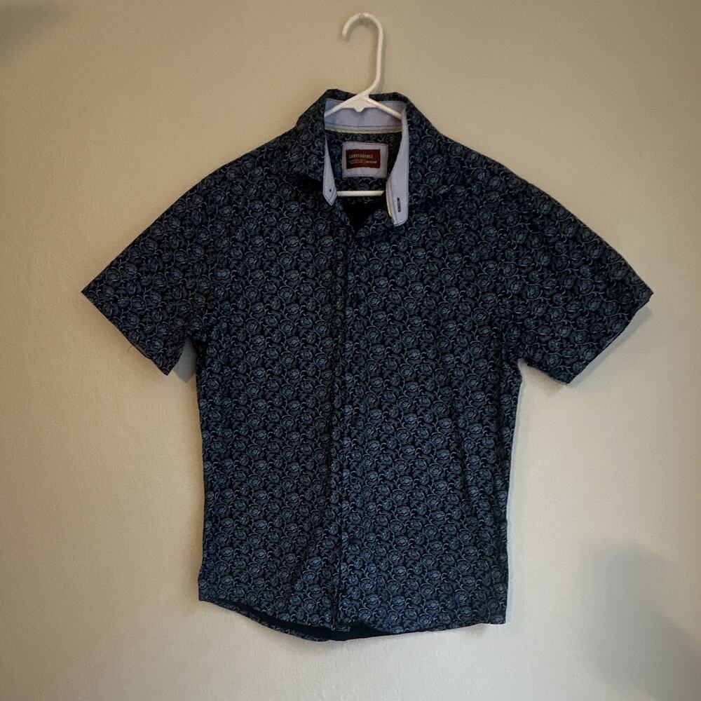 Consequence Men's Blue Paisley Short Sleeve Cotton Woven Point Collar Shirt